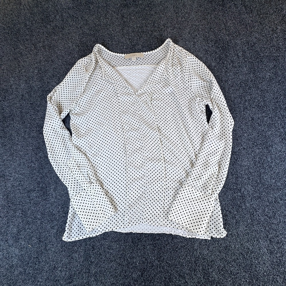 Ann Taylor LOFT Blouse Top Womens Small White Black Polka Dot V-Neck Long Sleeve